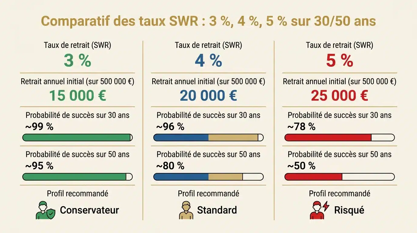Comparatif des taux SWR : 3 %, 4 %, 5 % sur 30/50 ans