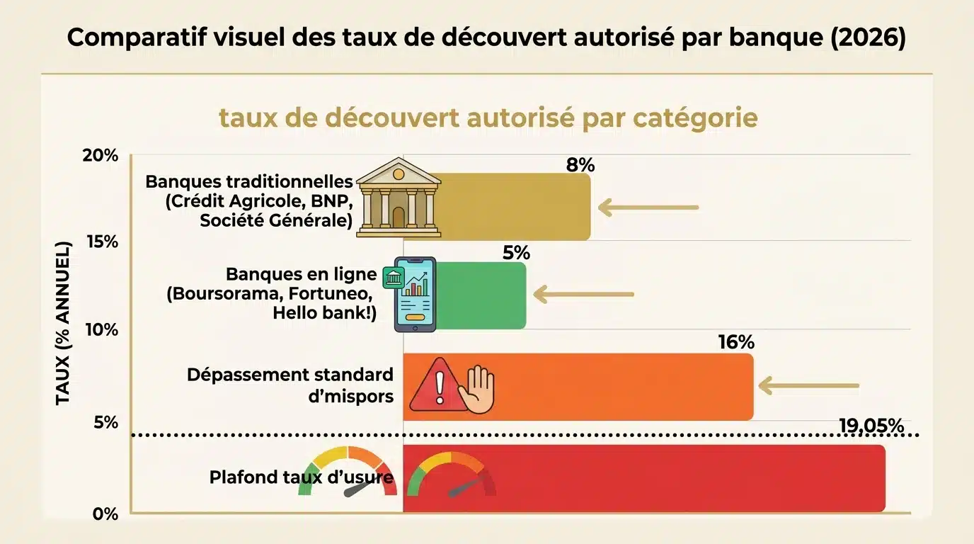 Comparatif visuel des taux de découvert autorisé par banque (2026)