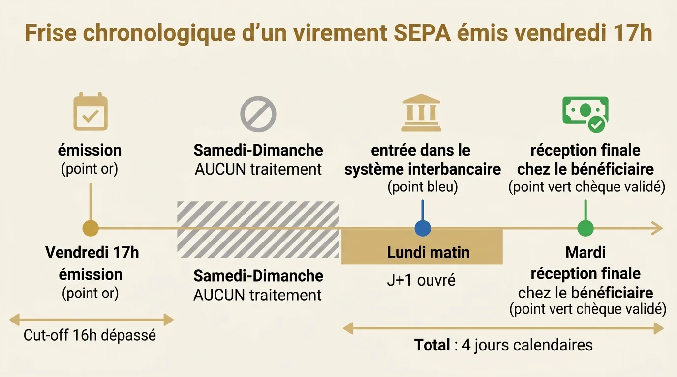Frise chronologique d'un virement SEPA émis vendredi 17h
