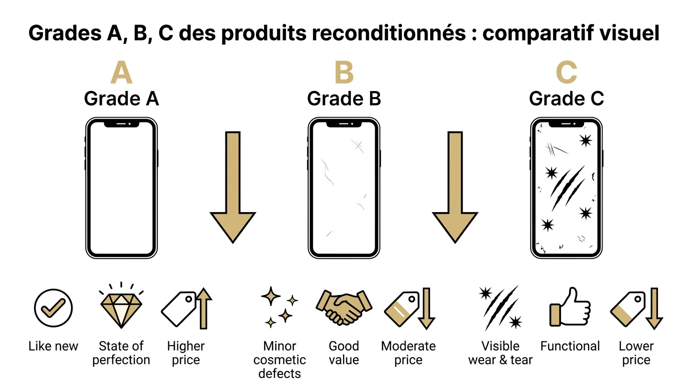 Grades A, B, C des produits reconditionnés : comparatif visuel