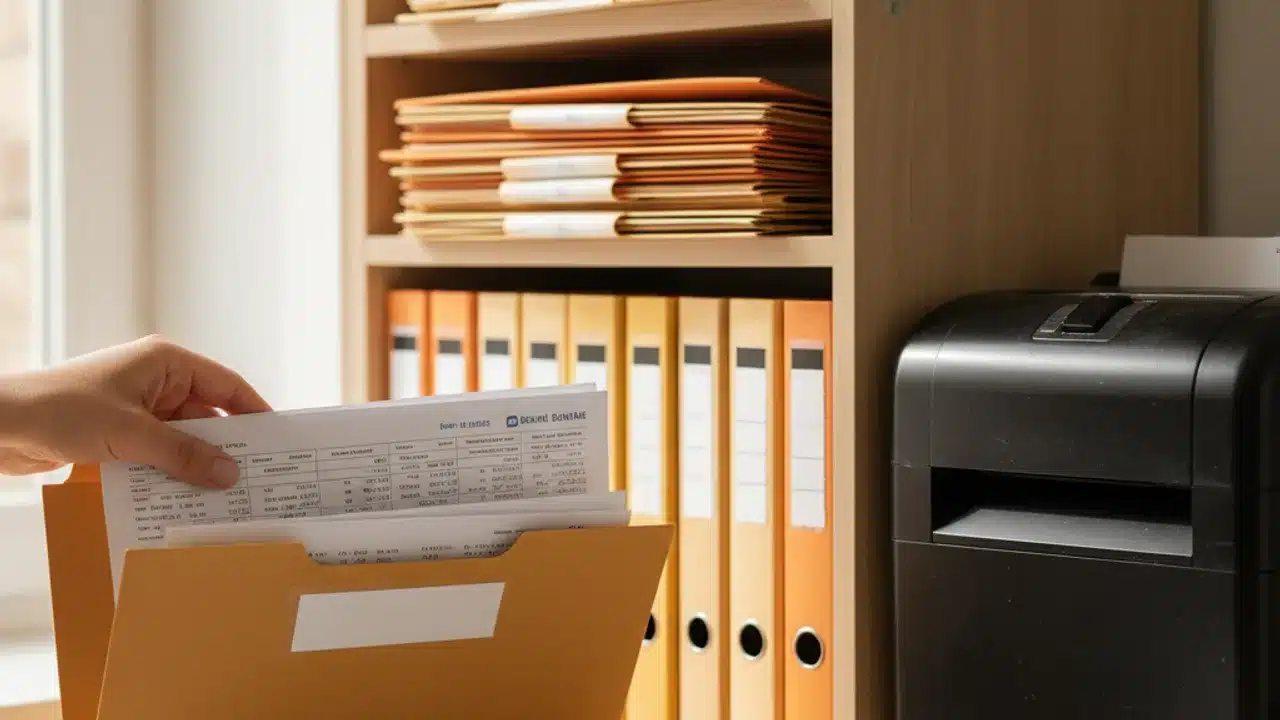 Personne classant ses documents bancaires papier dans des chemises