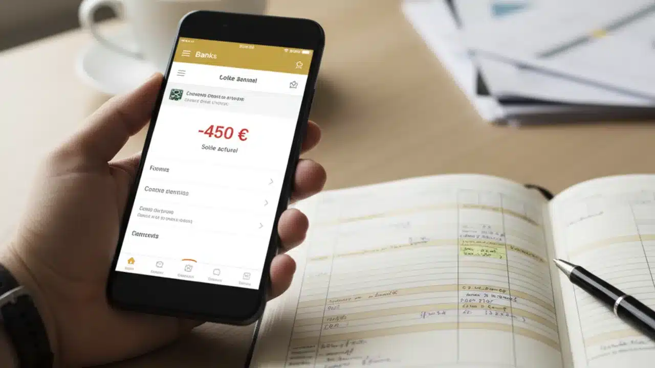 Personne consultant ses comptes bancaires en découvert sur smartphone
