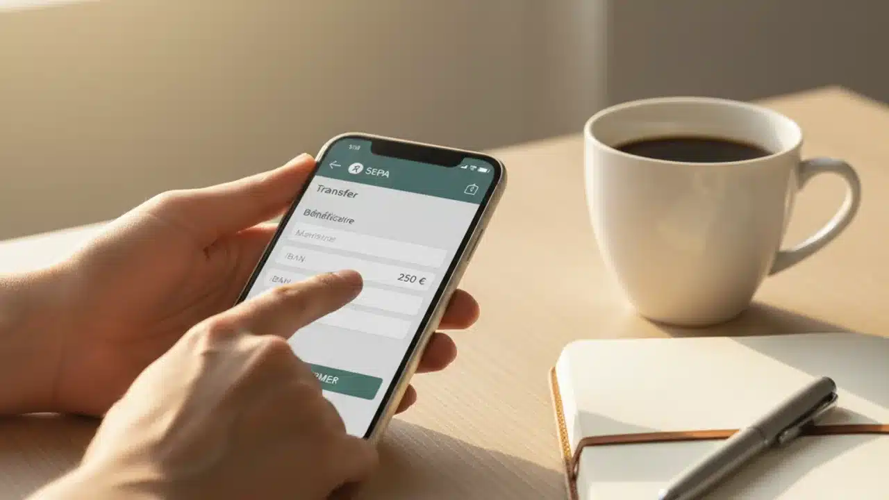 Personne réalisant un virement bancaire sur smartphone