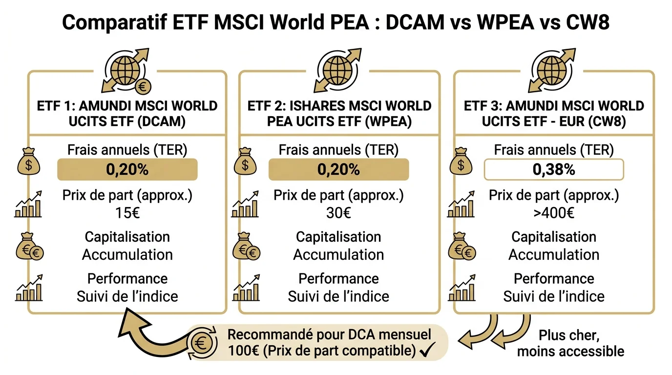 Comparatif ETF MSCI World PEA : DCAM vs WPEA vs CW8